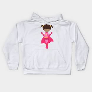 Superhero Girl, African American Girl, Pink Cape Kids Hoodie